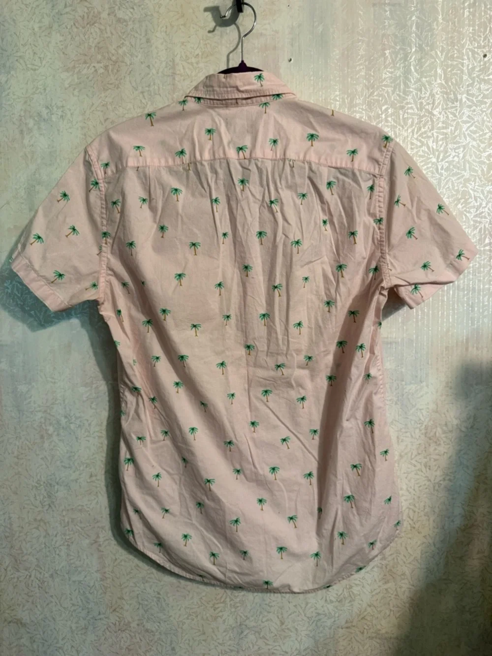 J. Crew Pink Short-Sleeve Button-Down Shirt Green Palm Tree PrintFlex Washed Sm